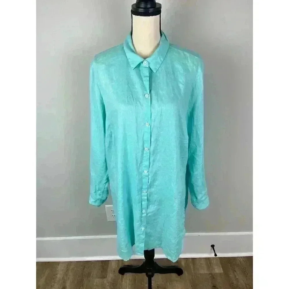 J. Jill Love Linen Long Tunic Blouse Long Sleeve Button Up Teal XL Coastal Linen